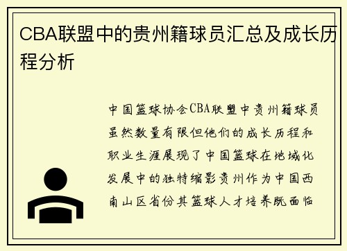 CBA联盟中的贵州籍球员汇总及成长历程分析